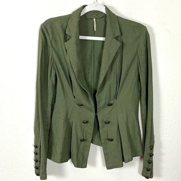 Free People Linen Military Cinched Waist Blazer Army Green Grunge Subversive XS - Picture 6 of 17